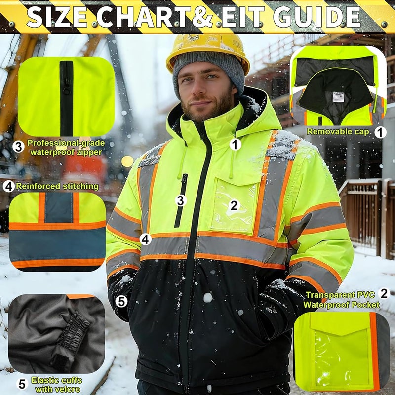 Wuple Store High Visibility Jacket, Class 3 Waterproof Safety Jacket for Men, Hi Vis Winter Jackets With Cold Weather, Safety Coats for Work Construction Yellow L - Image 2